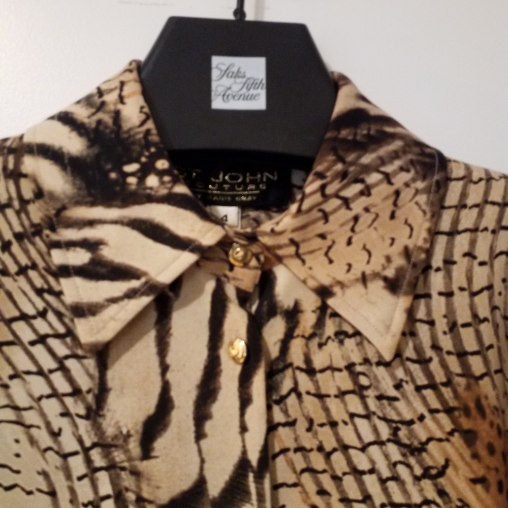 St. John Collection Animal Print Silk Blouse in Beige, Brown & Black - Picture 3 of 6